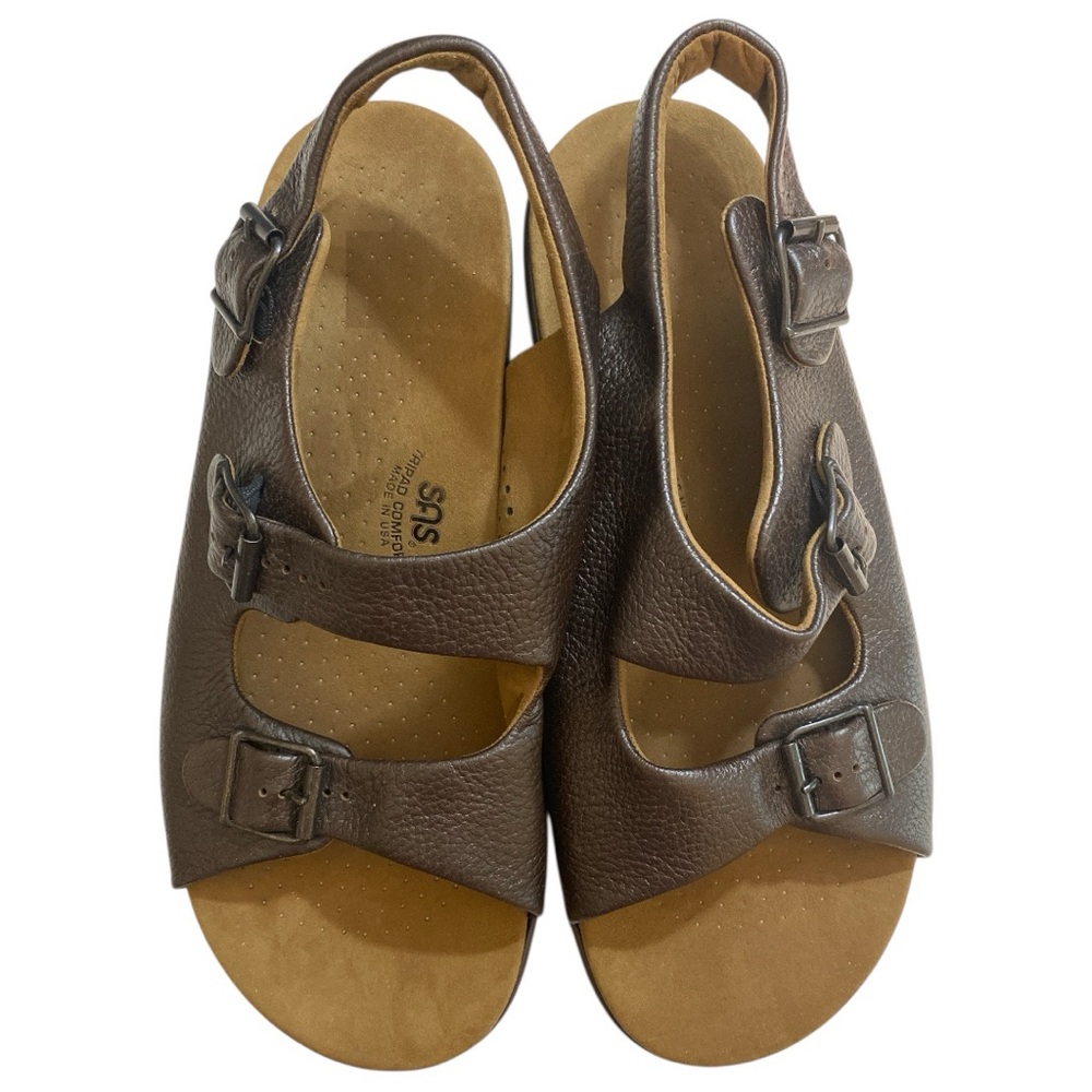 SAS Bravo Men's Comfort Sandals Size 13 Wide Brown Leather Triple Strap Orthotic - Picture 2 of 7